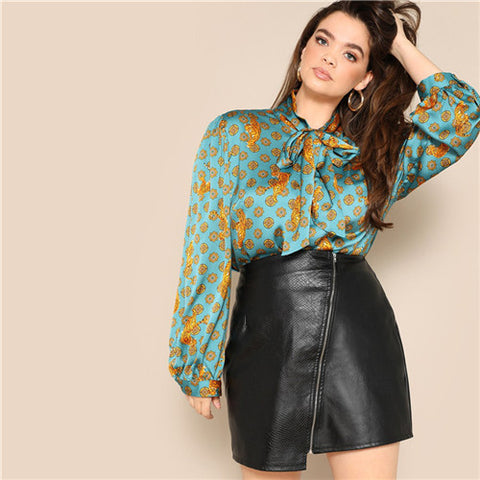 SHEIN Blue Tie Neck Lantern Long Sleeve High Street Tiger Print Plus Size Satin Blouses Women 2019 Stand Collar Tops Blouse