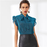 SHEIN Blue Tie Neck Ruffle Armhole Glitter Top Elegant Party Stand Collar Cap Sleeve Blouse Women Summer Workwear Blouses