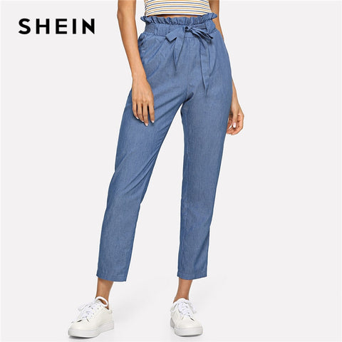 SHEIN Blue Weekend Casual Belted Ruffle Mid Waist Straight Leg Solid Pants Summer Women Going Out Trousers