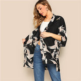 SHEIN Bohemian Black Crane Bird Print Side Slit Long Kimono Cardigan Women Summer 3/4 Length Sleeve Vacation Casual Kimonos