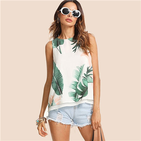 SHEIN Bohemian Vacation Multicolor Women Tank Top Streetwear Tropical Print High Low Round Neck Boho 2018 Summer Top
