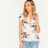 SHEIN Bohemian White V-cut Neck Dip Hem Floral Top Batwing Short Sleeve Blouse Women Summer 2019 Casual Tops and Blouses