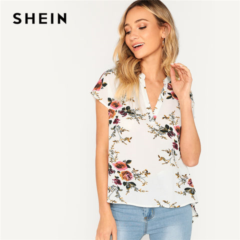 SHEIN Bohemian White V-cut Neck Dip Hem Floral Top Batwing Short Sleeve Blouse Women Summer 2019 Casual Tops and Blouses