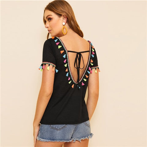 SHEIN Boho Black Colorful Tassel Trim Knot V-Back Top T Shirt Women Summer V-neck Short Sleeve 2019 Sexy Solid T-Shirt Tops