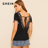 SHEIN Boho Black Colorful Tassel Trim Knot V-Back Top T Shirt Women Summer V-neck Short Sleeve 2019 Sexy Solid T-Shirt Tops