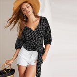 SHEIN Boho Black Knot Side Surplice Wrap Polka Dot Top Blouse Young Women 2019 Spring V Neck Bishop Sleeve Top Blouses