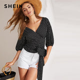 SHEIN Boho Black Knot Side Surplice Wrap Polka Dot Top Blouse Young Women 2019 Spring V Neck Bishop Sleeve Top Blouses