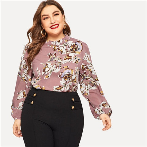 SHEIN Boho Floral Print Lantern Sleeve Plus Size Elegant Pink Blouses 2019 Women Keyhole Back Bohemian Spring Flower Top Blouse
