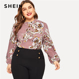 SHEIN Boho Floral Print Lantern Sleeve Plus Size Elegant Pink Blouses 2019 Women Keyhole Back Bohemian Spring Flower Top Blouse