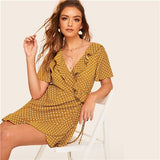 SHEIN Boho Ginger Polka Dot Ruffle Hem Wrap Knot Waist Summer Dress Women Elegant V Neck Short Sleeve Straight Mini Dresses