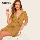 SHEIN Boho Ginger Polka Dot Ruffle Hem Wrap Knot Waist Summer Dress Women Elegant V Neck Short Sleeve Straight Mini Dresses