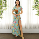 SHEIN Boho Green Surplice Neck High Split Floral and Dot Maxi Summer Dress Women Butterfly Sleeve Belted Empire Elegant Dresses