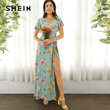 SHEIN Boho Green Surplice Neck High Split Floral and Dot Maxi Summer Dress Women Butterfly Sleeve Belted Empire Elegant Dresses