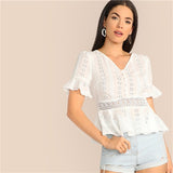 SHEIN Boho White Button Front Ruffle Detail Schiffy Lace Blouse Women Summer Flounce Sleeve V-Neck Peplum Elegant Top Blouses