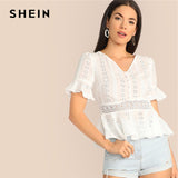 SHEIN Boho White Button Front Ruffle Detail Schiffy Lace Blouse Women Summer Flounce Sleeve V-Neck Peplum Elegant Top Blouses