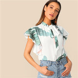 SHEIN Boho White Tie Neck Tropical Print Butterfly Sleeve Top Blouse Women Summer Stand Collar Elegant Workwear Tops and Blouses