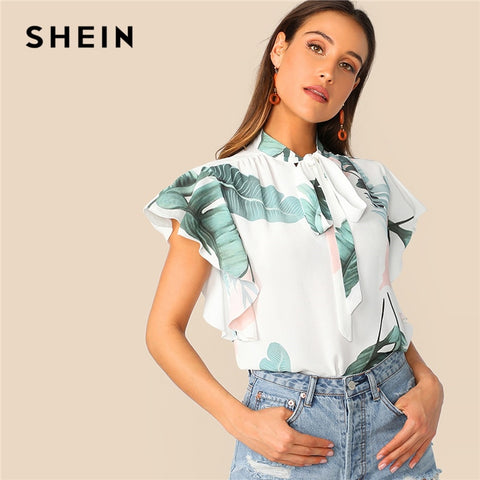 SHEIN Boho White Tie Neck Tropical Print Butterfly Sleeve Top Blouse Women Summer Stand Collar Elegant Workwear Tops and Blouses