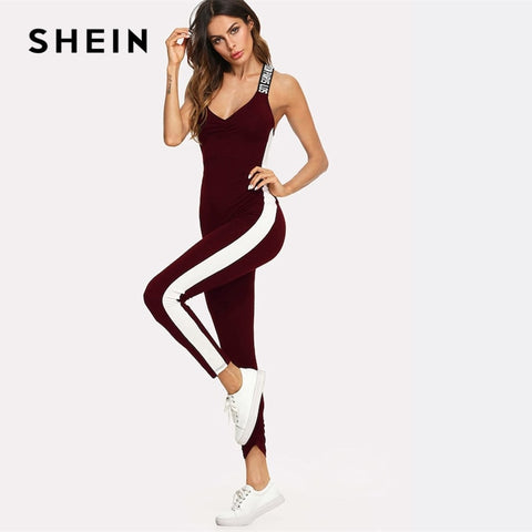 SHEIN Burgundy Colorblock Panel Crisscross Letter Print Strap Maxi Jumpsuit Sleeveless Halter Elegant Mid Waist Jumpsuit