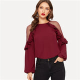 SHEIN Burgundy Contrast Mesh Insert Bishop Sleeve Button Ruffle Top Blouse Spring Round Neck Women Going Out Tops And Blouses