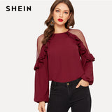 SHEIN Burgundy Contrast Mesh Insert Bishop Sleeve Button Ruffle Top Blouse Spring Round Neck Women Going Out Tops And Blouses
