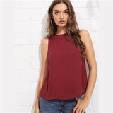 SHEIN Burgundy Elegant Bow Knot Curved Back Shell Round Neck Sleeveless Solid Blouse Summer Women Weekend Casual Shirt Top