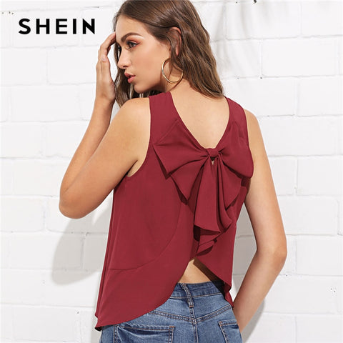 SHEIN Burgundy Elegant Bow Knot Curved Back Shell Round Neck Sleeveless Solid Blouse Summer Women Weekend Casual Shirt Top