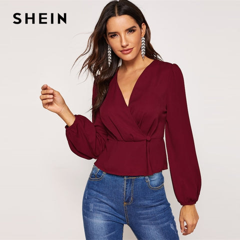 SHEIN Burgundy Plunging Neck Deep V Neck Wrap Surplice Neck Plain Top Women Slim Fit Spring Long Sleeve Office Top Blouses