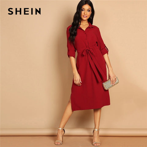 SHEIN Burgundy V Neck Roll Tab SleeveThree Quarter Length Sleeve Drawstring Waist Shirt Dress Women Highstreet Autumn Dress