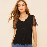 SHEIN Button Front Scallop Trim Lace Sleeve Black Blouse Women Elegant V Neck Solid Summer Short Sleeve Blouse Ladies Tops
