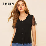 SHEIN Button Front Scallop Trim Lace Sleeve Black Blouse Women Elegant V Neck Solid Summer Short Sleeve Blouse Ladies Tops