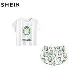 SHEIN Casual Womens Two Piece Sets 2017 Summer Cartoon Avocado Print Short Sleeve Tee and Elastic Waist Shorts Set