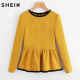 SHEIN Contrast Binding Textured Peplum Top Autumn Blouse Tops for Women Yellow Long Sleeve Casual Women Blouse