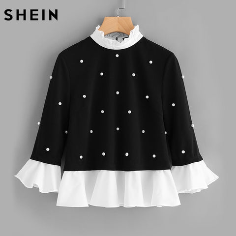 SHEIN Contrast Frill Trim Pearl Embellished Top Black and White Contrast Collar Three Quarter Length Flare Sleeve Blouse