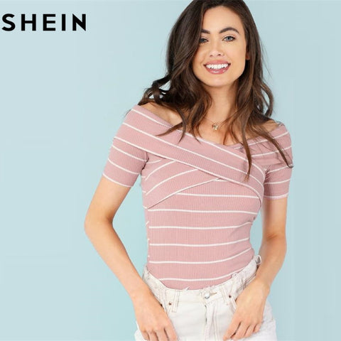 SHEIN Crisscross Front Striped Ribbed Tee Women Elegant Off the Shoulder Short Sleeve Top 2018 Summer Pink Striped T-shirt