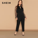 SHEIN Cut Out V Neck Pearls Beaded Sheer Mesh Long Raglan Sleeve Black Plus Size Jumpsuit Women High Street Slim Fit Jumpsuits