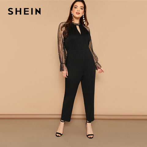 SHEIN Cut Out V Neck Pearls Beaded Sheer Mesh Long Raglan Sleeve Black Plus Size Jumpsuit Women High Street Slim Fit Jumpsuits