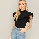 SHEIN Dot Mesh Lace Insert Flutter Sleeve Ruffle Office Lady Summer Elegant Top Women Stand Collar Workwear Blouses