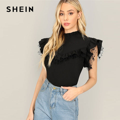 SHEIN Dot Mesh Lace Insert Flutter Sleeve Ruffle Office Lady Summer Elegant Top Women Stand Collar Workwear Blouses