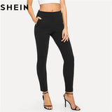 SHEIN Elastic Waist Black Striped Mid Waist Skinny Trousers Autumn Office Lady Elegant Slim Fit Vertical Women Pencil Pants
