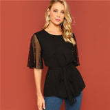 SHEIN Elegant Black Pearl Beaded Mesh Insert Belted Butterfly Sleeve Chiffon Blouse Women Workwear 2019 Summer Solid Top Blouses