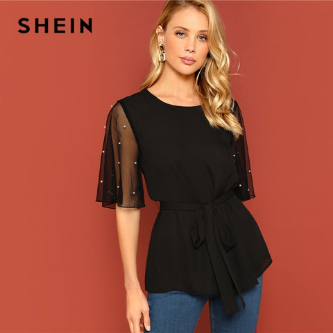 SHEIN Elegant Black Pearl Beaded Mesh Insert Belted Butterfly Sleeve Chiffon Blouse Women Workwear 2019 Summer Solid Top Blouses