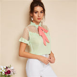 SHEIN Elegant Pastel Green Mesh Yoke Floral Lace Applique Pink Tied Neck Blouse Women Summer Short Sleeve Solid Romantic Blouses