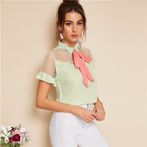 SHEIN Elegant Pastel Green Mesh Yoke Floral Lace Applique Pink Tied Neck Blouse Women Summer Short Sleeve Solid Romantic Blouses