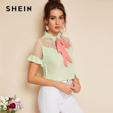 SHEIN Elegant Pastel Green Mesh Yoke Floral Lace Applique Pink Tied Neck Blouse Women Summer Short Sleeve Solid Romantic Blouses