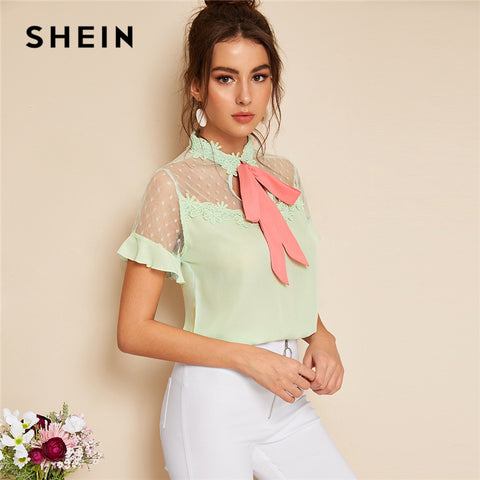 SHEIN Elegant Pastel Green Mesh Yoke Floral Lace Applique Pink Tied Neck Blouse Women Summer Short Sleeve Solid Romantic Blouses