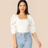 SHEIN Elegant White Laser Cut Lantern Sleeve Fitted Top Scoop Neck Blouse Women Summer 3/4 Length Sleeve Solid Workwear Blouses