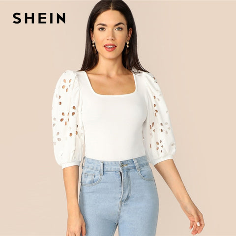 SHEIN Elegant White Laser Cut Lantern Sleeve Fitted Top Scoop Neck Blouse Women Summer 3/4 Length Sleeve Solid Workwear Blouses