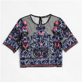 SHEIN Embroidery Womens Tops Buttoned Keyhole Botanical Embroidered Mesh Top Multicolor Short Sleeve Crop Blouse