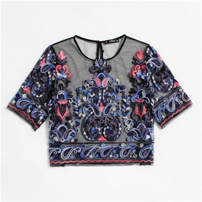 SHEIN Embroidery Womens Tops Buttoned Keyhole Botanical Embroidered Mesh Top Multicolor Short Sleeve Crop Blouse