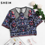 SHEIN Embroidery Womens Tops Buttoned Keyhole Botanical Embroidered Mesh Top Multicolor Short Sleeve Crop Blouse
